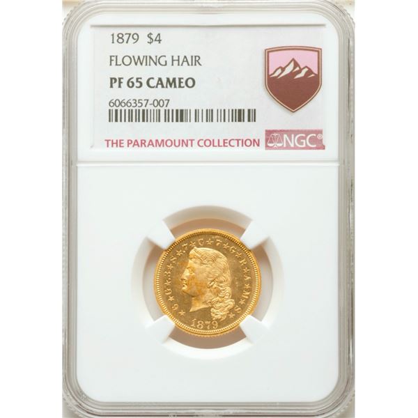 1879 Four Dollar Gold Piece, PR65 Cameo Flowing Hair Portrait, Judd-1635 Famous Barber Type