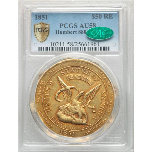 1851 $50 RE Humbert Fifty Dollar, Reeded Edge, 880 Thous., AU58 PCGS. CAC. K-5, Low R.5