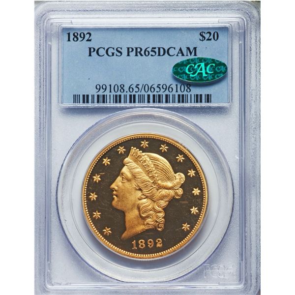 1892 $20 PR65 Deep Cameo PCGS. CAC