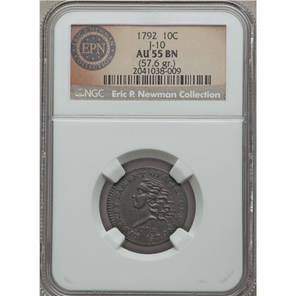 1792 P10C Copper Disme, Judd-10, Pollock-11, High R.6, AU55 NGC