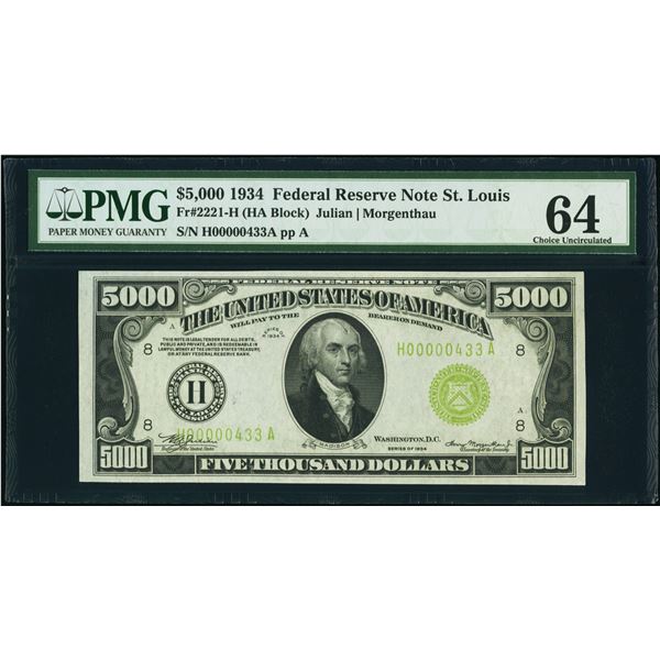 Fr. 2221-H $5,000 1934 Federal Reserve Note. PMG Choice Uncirculated 64