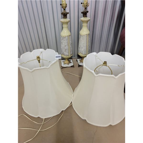 Two Marble Based Porcelain Lamps with Lamp Shades