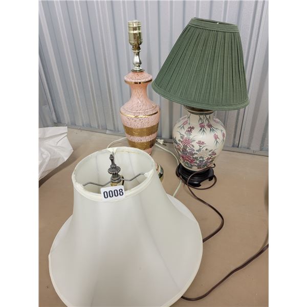 Porcelain Floral Lamp with Green Shade & Pink & Gold with White Shade