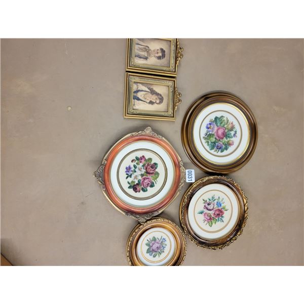 Four Needlepoint Floral Wall Hangings & Two Small Prints