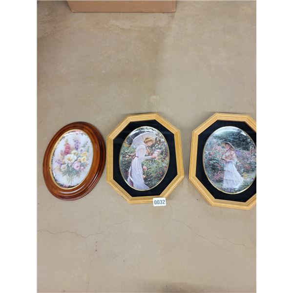 Two Framed Romantic Gardens Plate Collection & One Framed Lena Liu's Floral Cameo