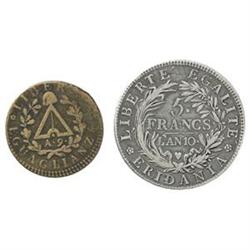 Torino  Repubblica Subalpina (1800-1802). 5 franchi A.10 e 2 soldi A.9