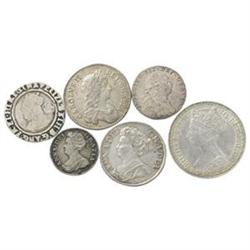 Inghilterra   Lotto di 6 monete in argento: grosso 1565, scellino 1679 e 1712, 6 pence 1787, 4 pence