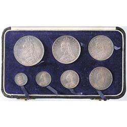 Inghilterra  Vittoria (1837-1901). Set di 7 monete d'argento in elegante cofanetto originale: corona