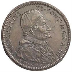 Innocenzo XI (1676-1689). Medaglia monetiforme, 1679 A.III, per la moderazione nella giustizia auspi