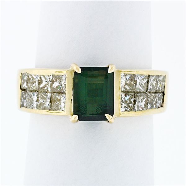 18k Yellow Gold 2.66 ctw FINE Emerald Cut Green Tourmaline & Princess Diamond Ri