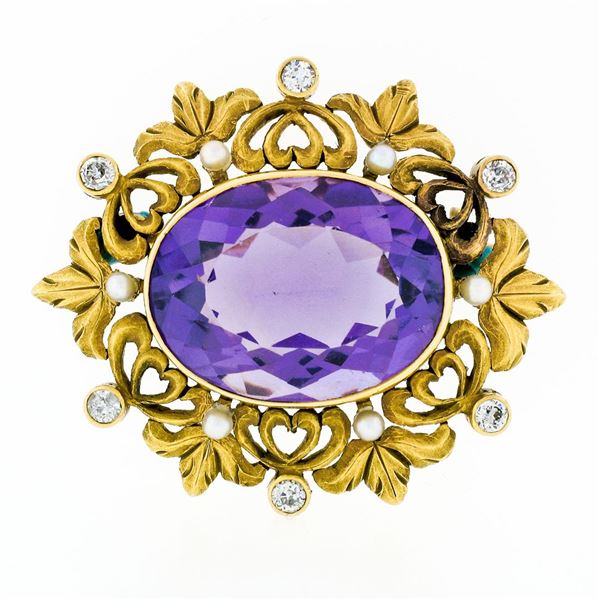 Antique Art Nouveau 14K Gold Amethyst Diamond Pearl Foliated Heart Frame Brooch