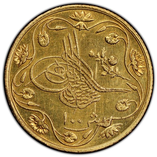 EGYPT: Abdul Hamid II, 1876-1909, AV 100 qirsh, Misr, AH1293 year 12, PCGS graded Unc details