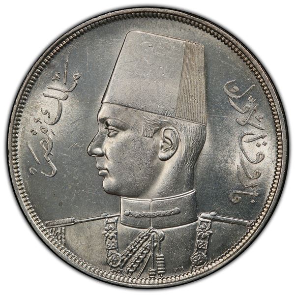 EGYPT: Farouk, 1936-1952, AR 20 piastres, 1939/AH1358, PCGS MS63