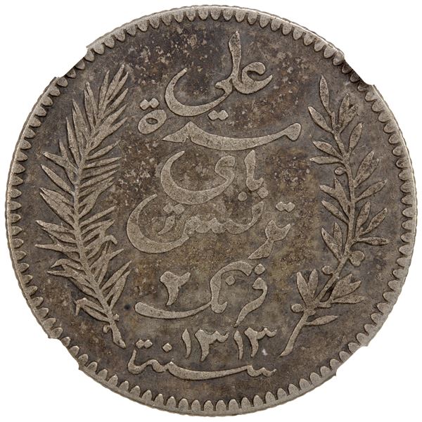 TUNISIA: AR 2 francs, 1895//AH1313-A, NGC VF25