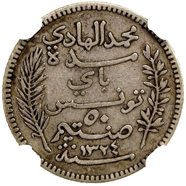 TUNISIA: AR 50 centimes, 1906//AH1324-A, NGC VF35