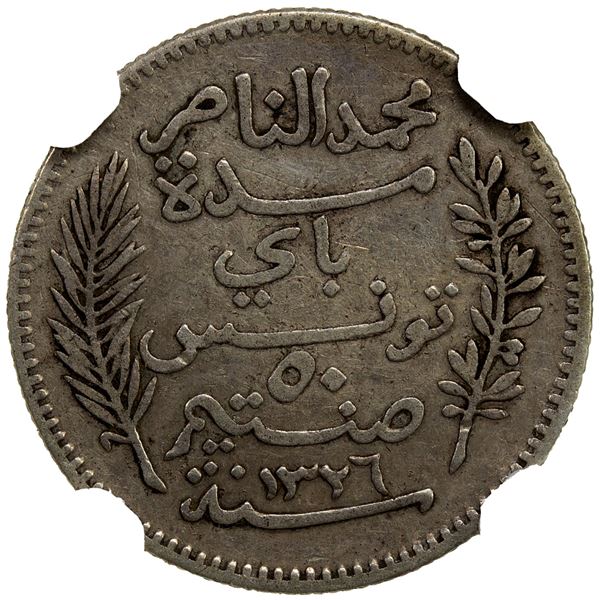 TUNISIA: AR 50 centimes, 1908//AH1326-A, NGC EF40