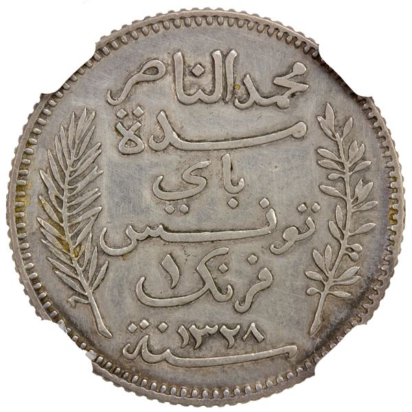 TUNISIA: AR franc, 1910//AH1328-A, NGC EF details