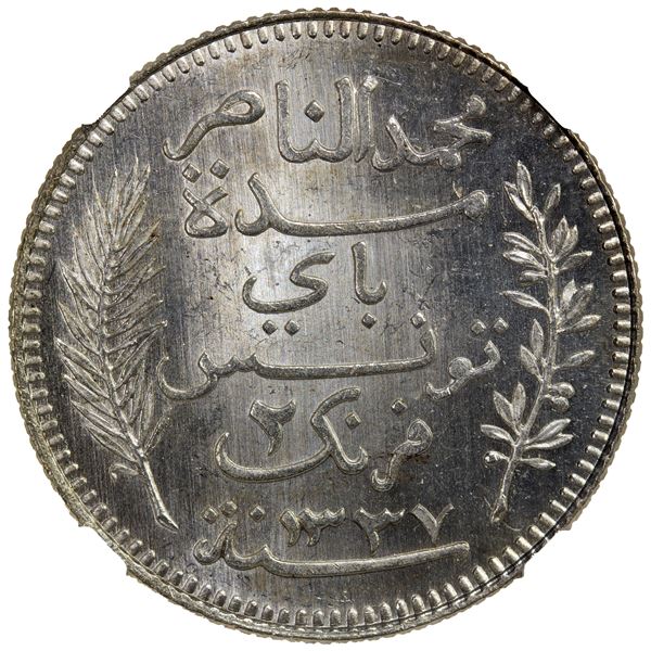 TUNISIA: AR 2 francs, 1918//AH1337-A, NGC MS64