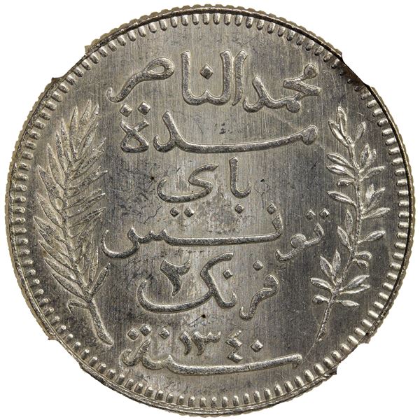 TUNISIA: AR 2 francs, 1921//AH1340-A, NGC MS64