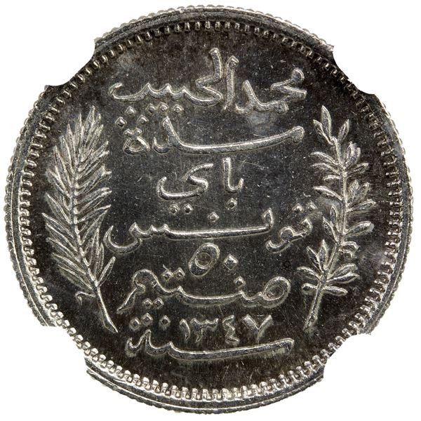 TUNISIA: AR 50 centimes, 1928//AH1347-A, NGC MS64