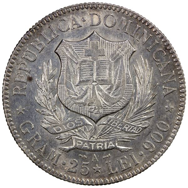 DOMINICAN REPUBLIC: AR 5 francos, 1891-A, Choice AU