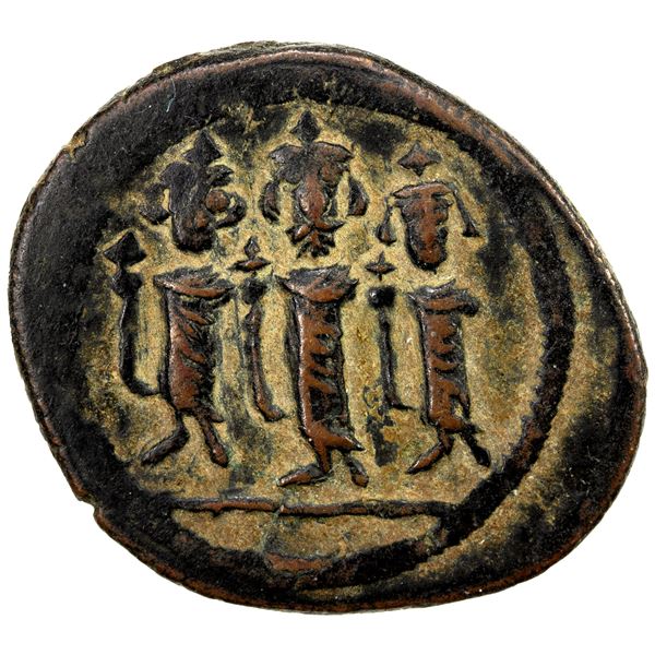 ARAB-BYZANTINE: Three Standing Figures, ca. 685-700, AE fals (5.64g), Tabariya, ND, VF-EF