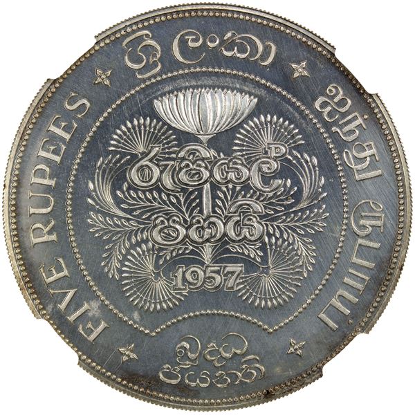 CEYLON: British Commonwealth, AR 5 rupees, 1957, NGC Proof 66 Cameo