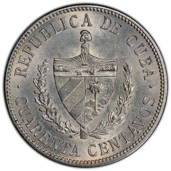 CUBA: Republic, AR 40 centavos, 1915, PCGS UNC details