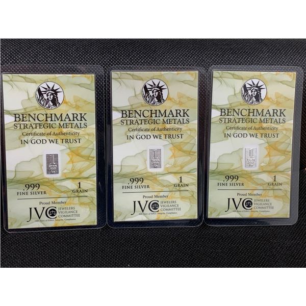 LOT of 3 - Benchmark Strategic Metals .999 Fine Silver 1 Grain Wafer bar with certificate
