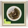 Image 1 : ROUND CERAMIC TILE FRAMED IN GREEN FELT 9.25"