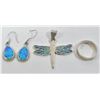 Image 1 : FAUX BLUE FIRE OPAL EARRINGS + PENDANT + .925 RING