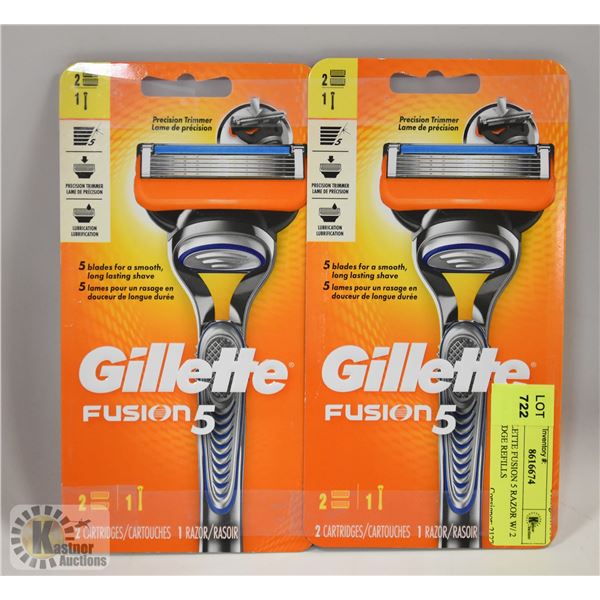 2 X GILLETTE FUSION 5 RAZOR W/ 2 CARTRIDGE REFILLS