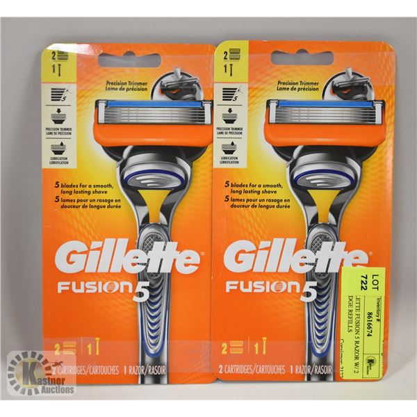 2 X GILLETTE FUSION 5 RAZOR W/ 2 CARTRIDGE REFILLS