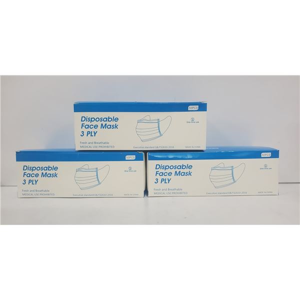 3 BOXES OF 3-PLY DISPOSABLE FACE MASKS 50 PER BOX