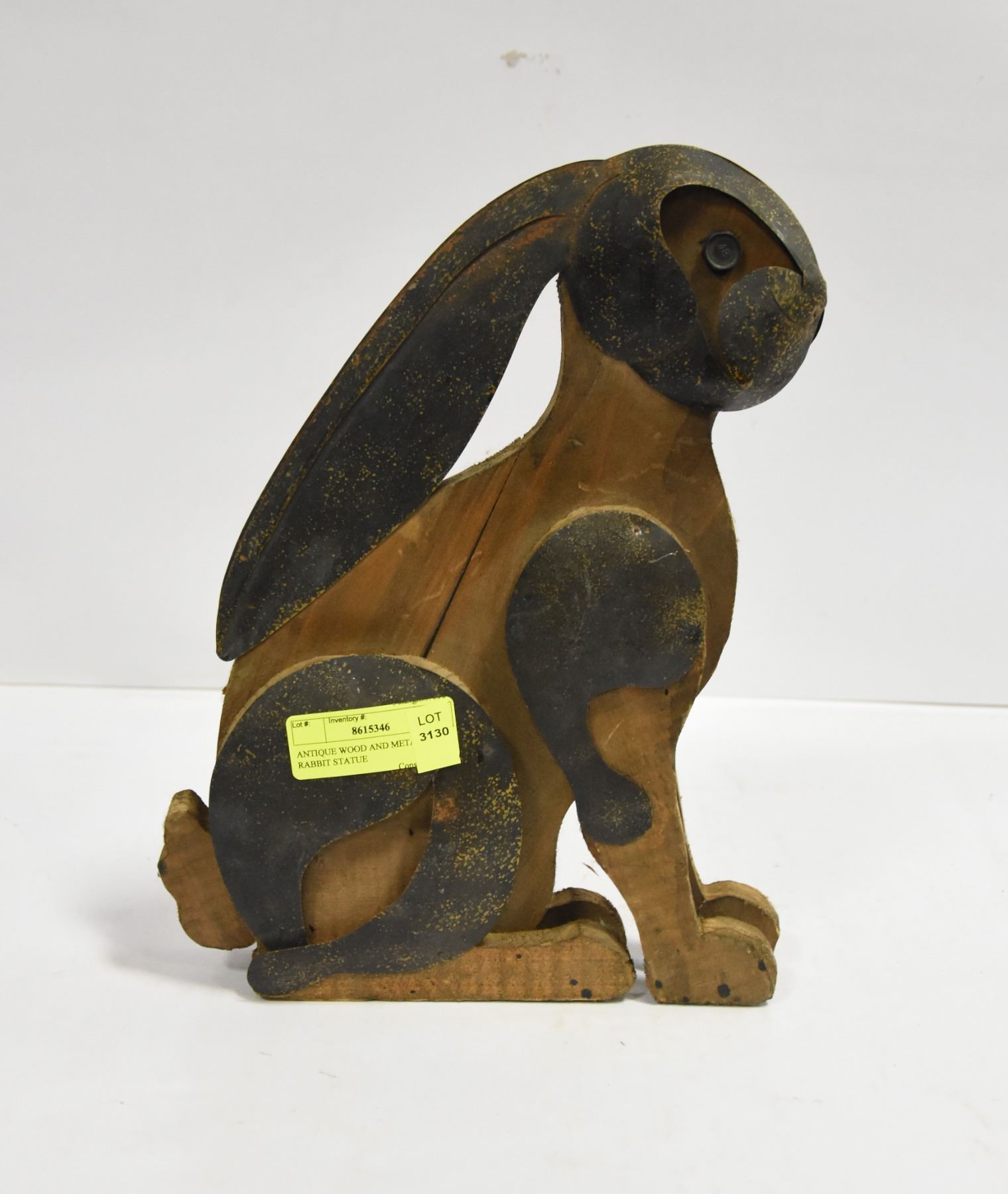 ANTIQUE WOOD AND METAL RABBIT STATUE