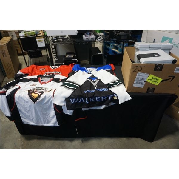 LOT OF HOCKEY JERSEYS, NEW H2X DRY SPORT SHIRTS AND 2 RUBBERMAID STORAGE BINS