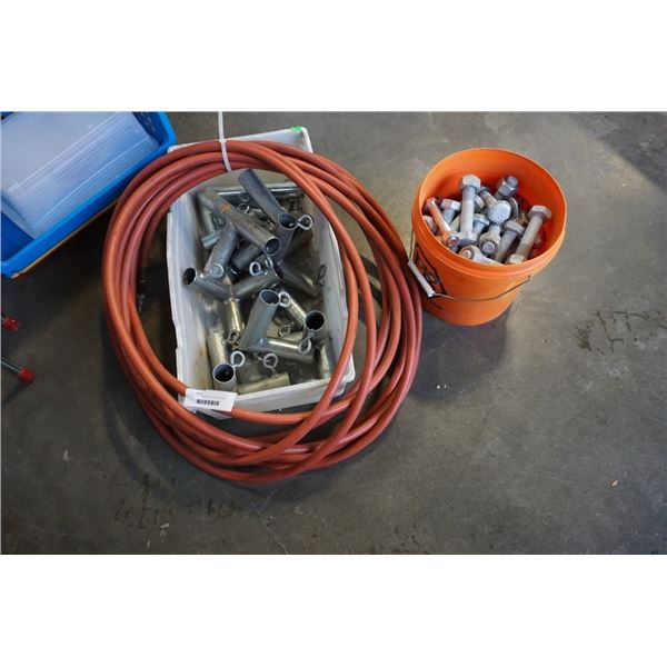 BUCKET OF LARGE BOLTS BIN OF AWNING BRACKETS AND AIR HOSE