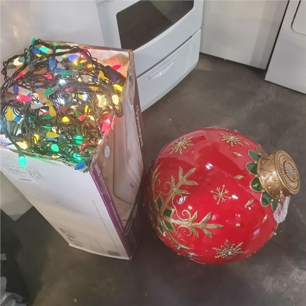 BOX OF DEFECTIVE STORE RETURN CHRISTMAS LIGHTS AND LARGE ORNAMENT WITH CRACK