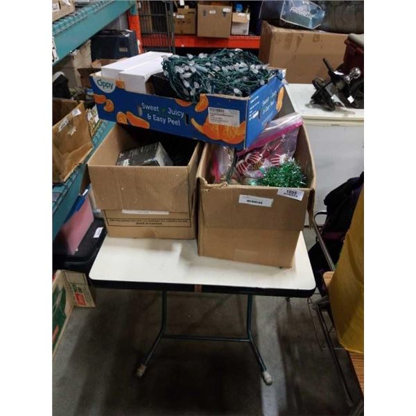 3 BOXES OF CHRISTMAS DECOR AND LIGHTS