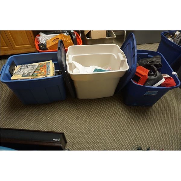 3 TOTES OF ESTATE GOODS, SERVING PLATTERS, VINTAGE MAGAZINES, WELDING MASK