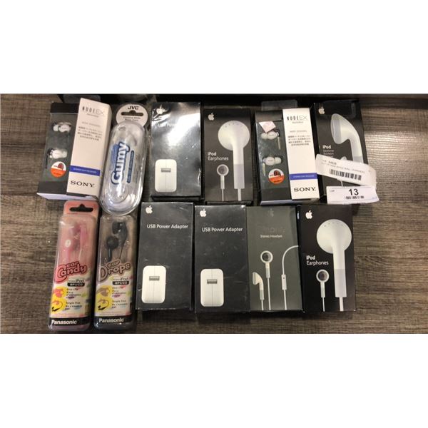 LOT OF NEW APPLE WALL CHARGERS, EARBUDS AND MORE