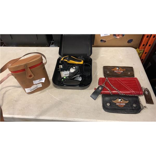 7 X 50 BINOCULARS, WAHL HAIR TRIMMER AND 3 WALLETS, 2 HARLEY DAVIDSON