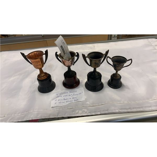 4 VINTAGE TROPHIES - LATE 1940'S EARLY 50s 2 WITH BAKELITE BASES, 2 WITH WOOD BASES