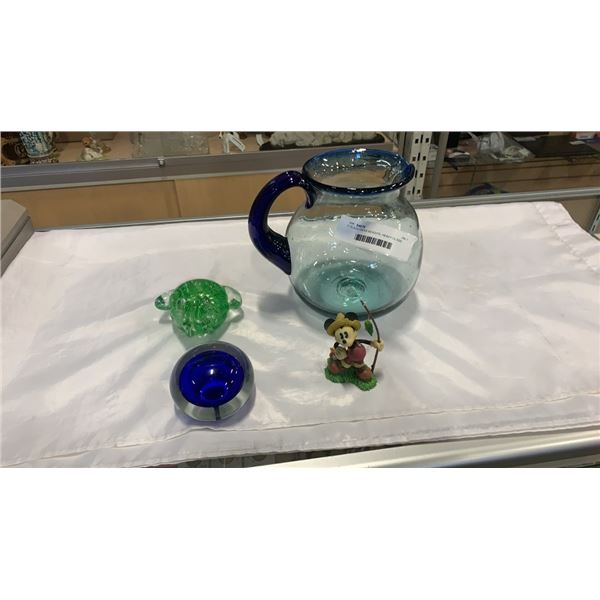 2 GLASS PAPER WEIGHTS, HEAVY GLASS PITCHER, AND MICKEY MOUSE FIGURE