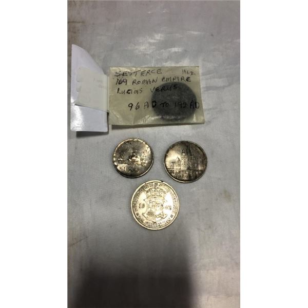 EARLY ROMAN COIN AND 3 WORLD COINS - SOME SILVER