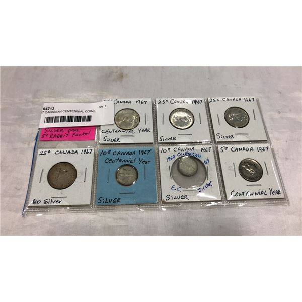 7  1967 CANADIAN CENTENNIAL COINS - 4  25 CENT, 2  10 CENT, AND 5 CENT RABBIT NICKEL