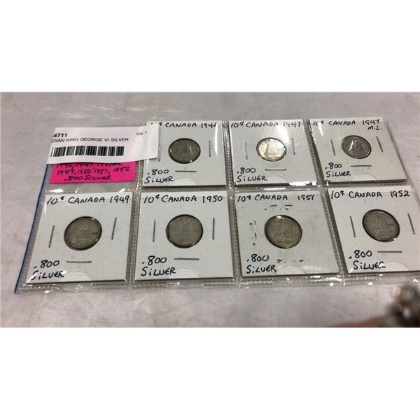 7 CANADIAN KING GEORGE VI SILVER DIMES 1946-1947ML, 1949-1952 ALL .800 SILVER