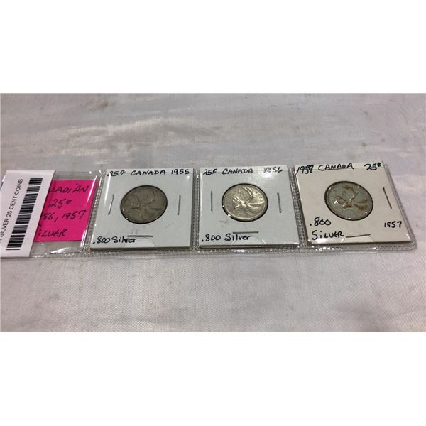 3 CANADIAN SILVER 25 CENT COINS 1955-1957  .800 SILVER