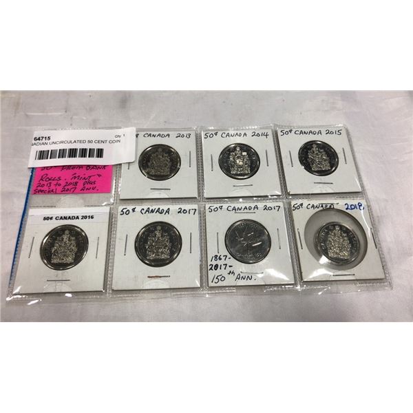 7 CANADIAN UNCIRCULATED 50 CENT COIN FROM MINT ROLLS 2013-2018 AND SPECIAL 2017  150TH ANNIVERSARY