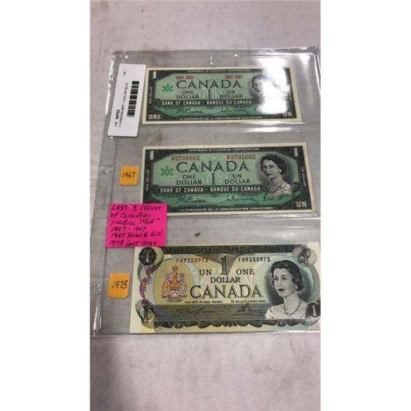 3 CANADIAN MINT 1 DOLLAR BILLS 1867-1967